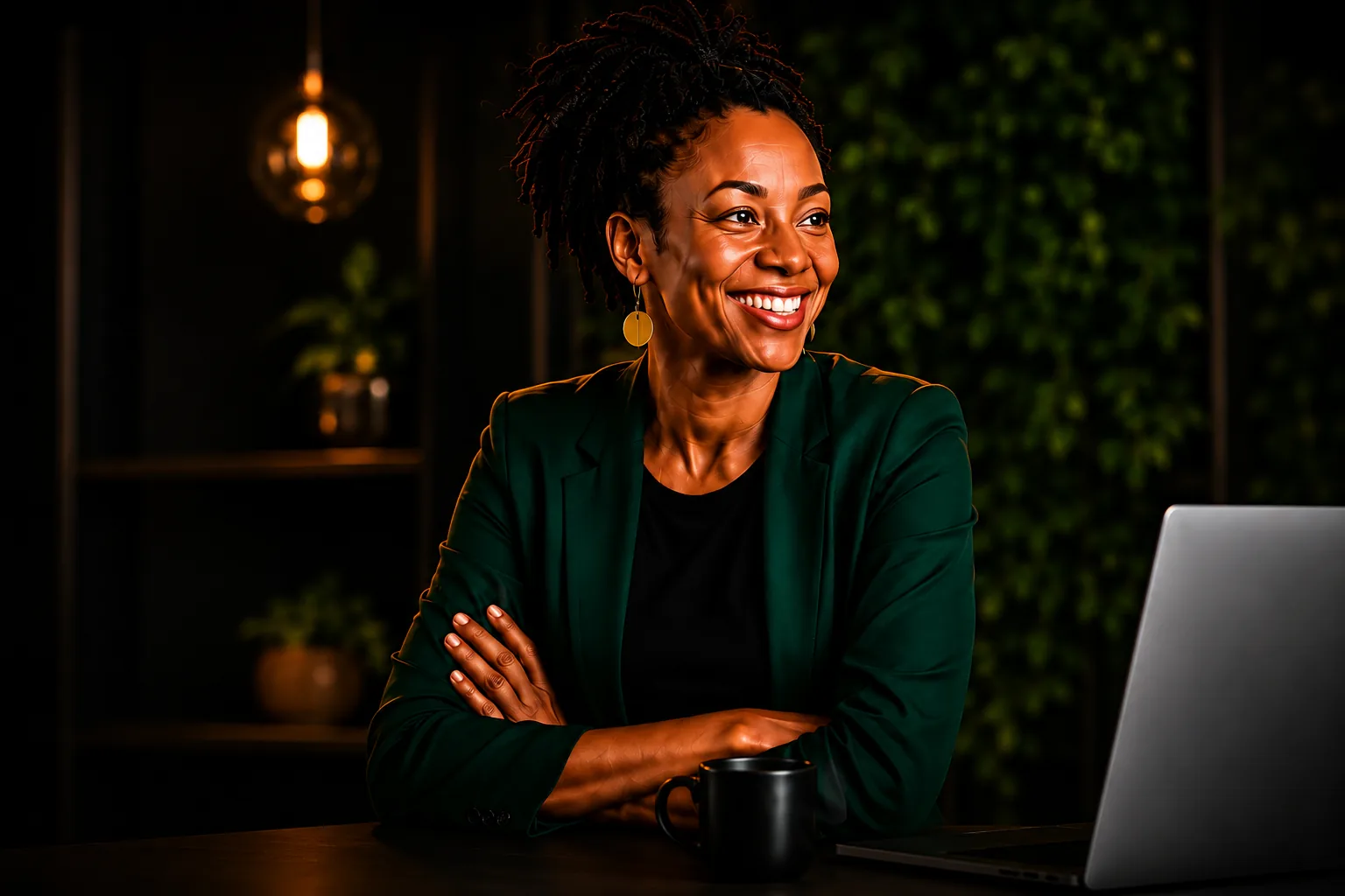 Smiling entrepreneur seated at a desk, representing the kasiAIhub Entrepreneur AI Journey.