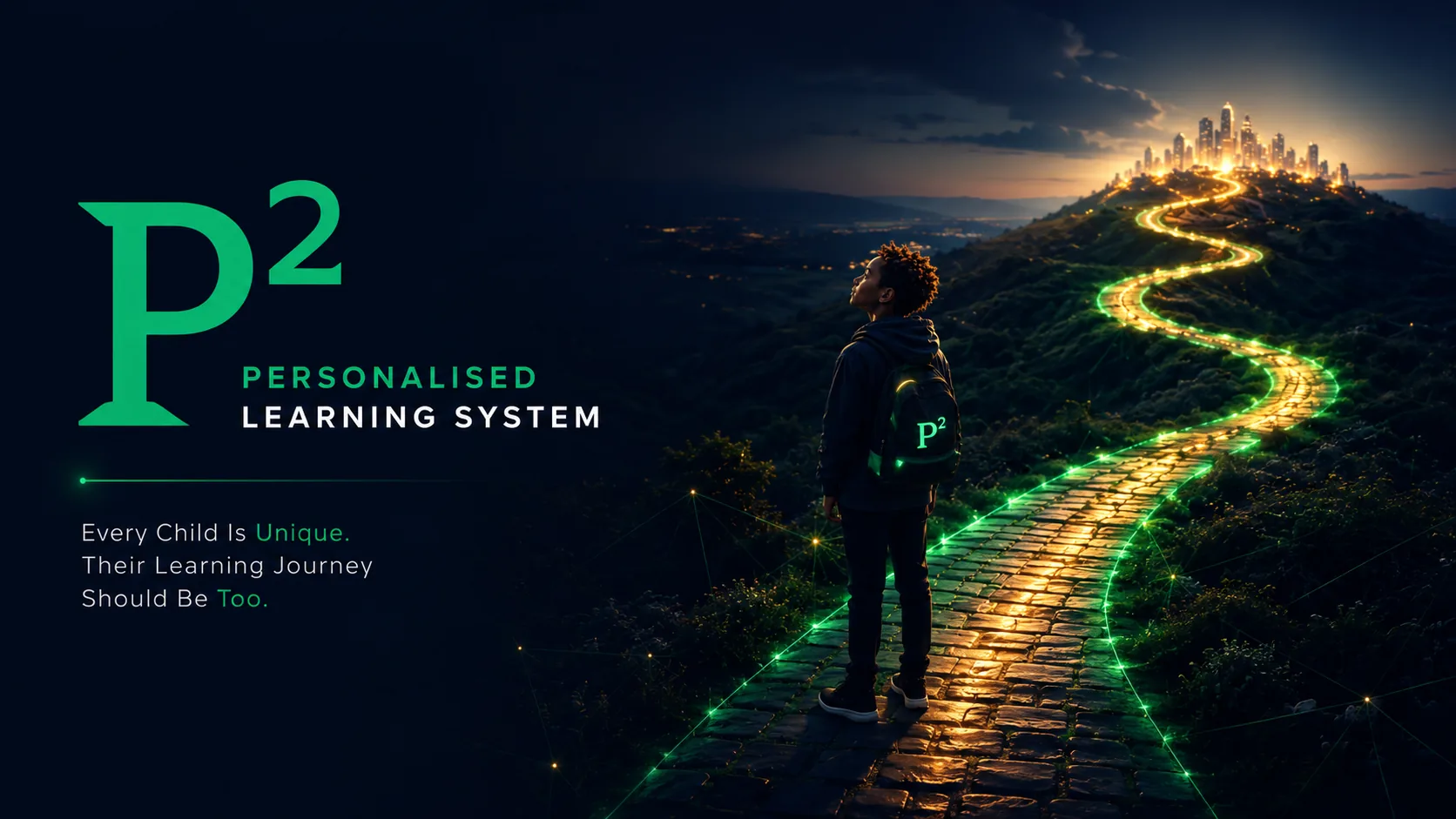 P² personalised learning system graphic with a learner on a glowing path toward a bright city.
