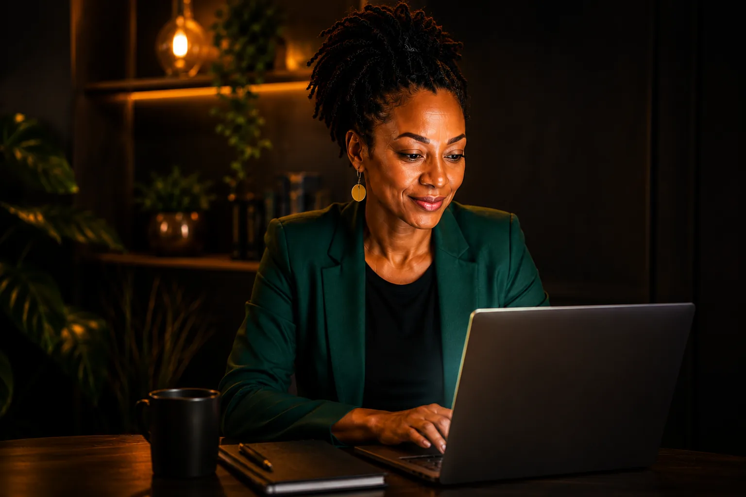Entrepreneur working on a laptop in a dark studio setting.