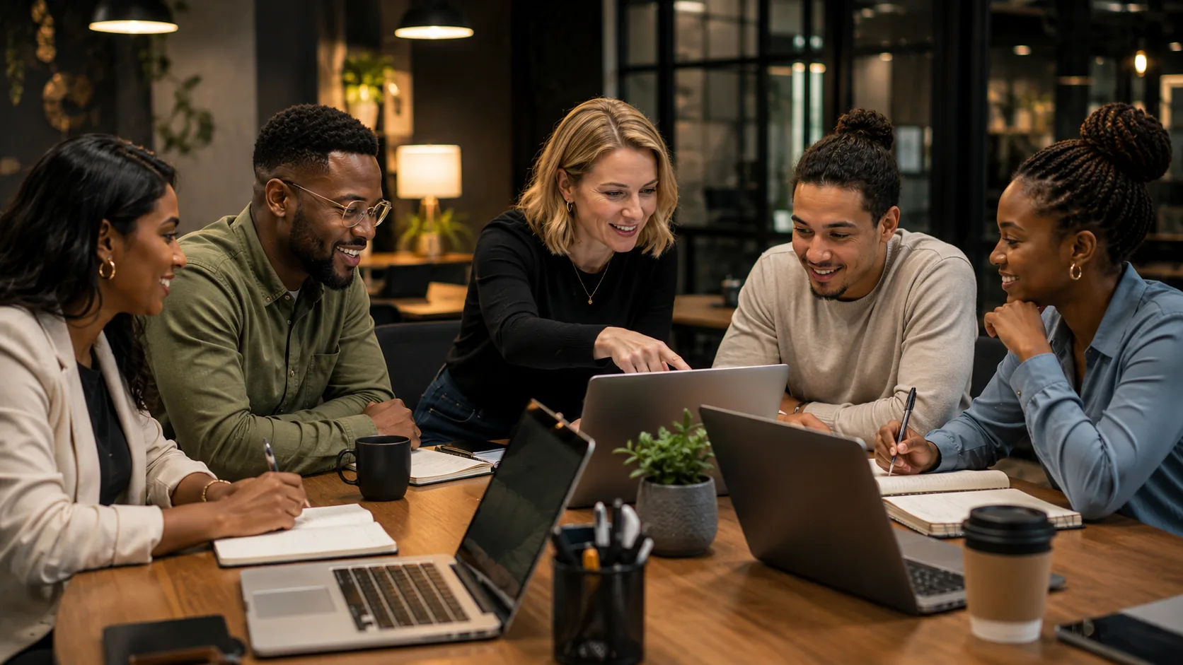 A small group of entrepreneurs around a table collaborating on laptops together.